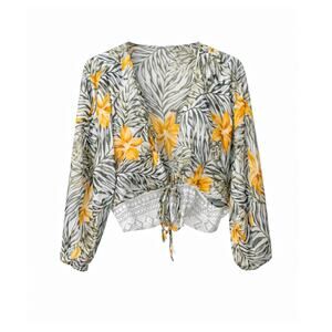 Timing Sheer Floral Tie Front Blouse Medium